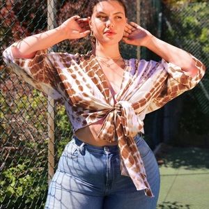 Plus Tie Dye Drop Shoulder Tie Front Top